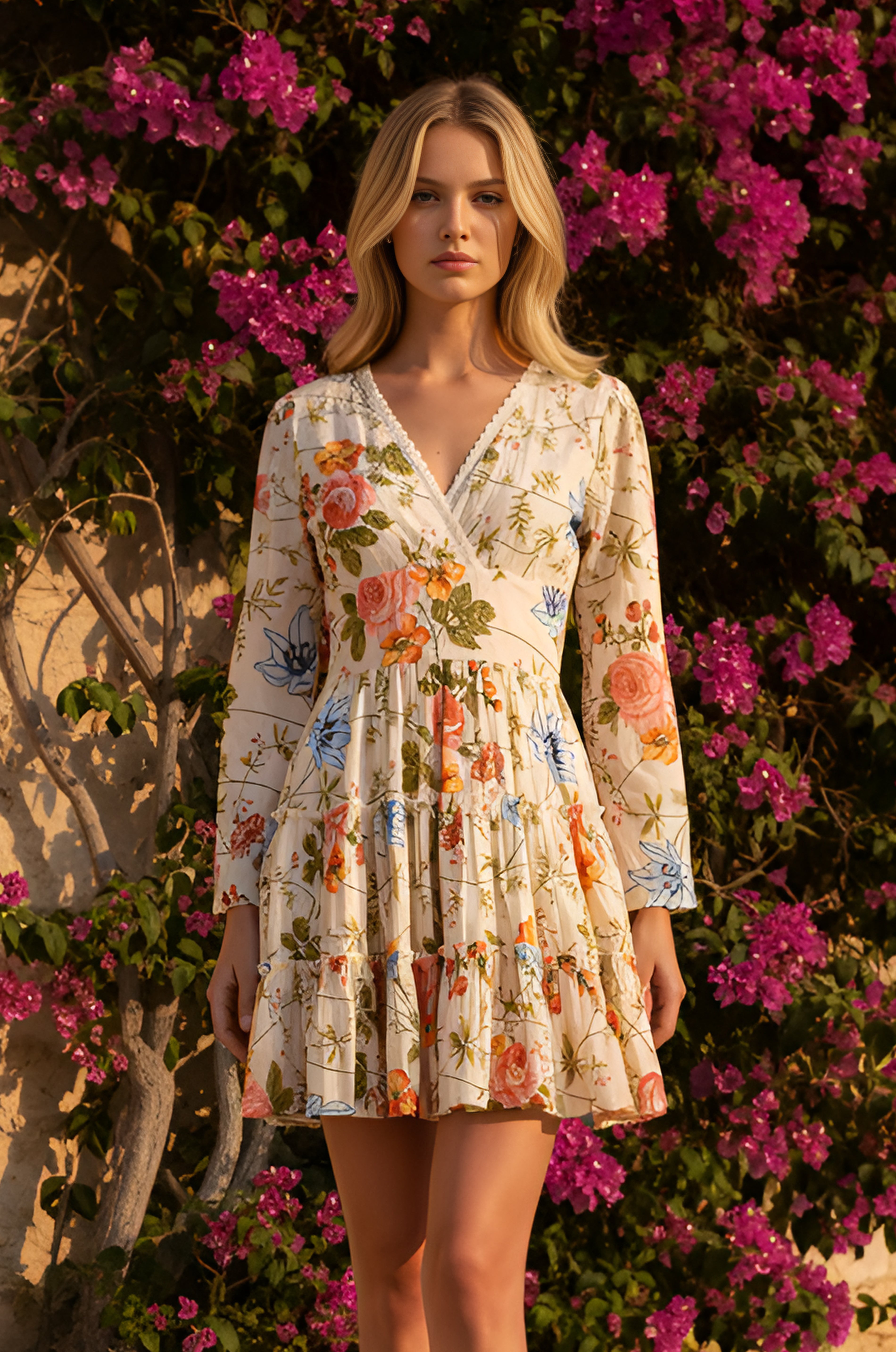 A woman stands before pink bougainvillea, wearing the Josie Ivory Floral Cotton Short Casual Dress.